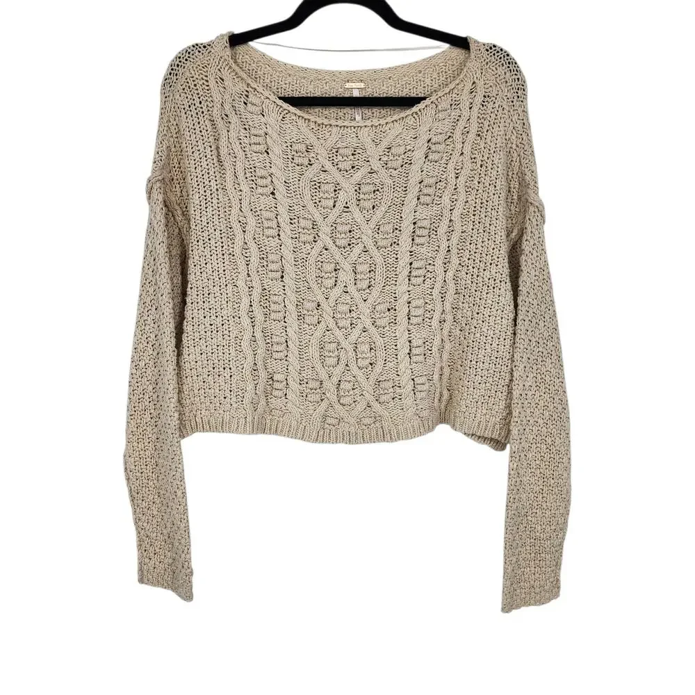 Free People Changing Tides Oatmeal Beige Cropped Cable Knit Sweater Size XS